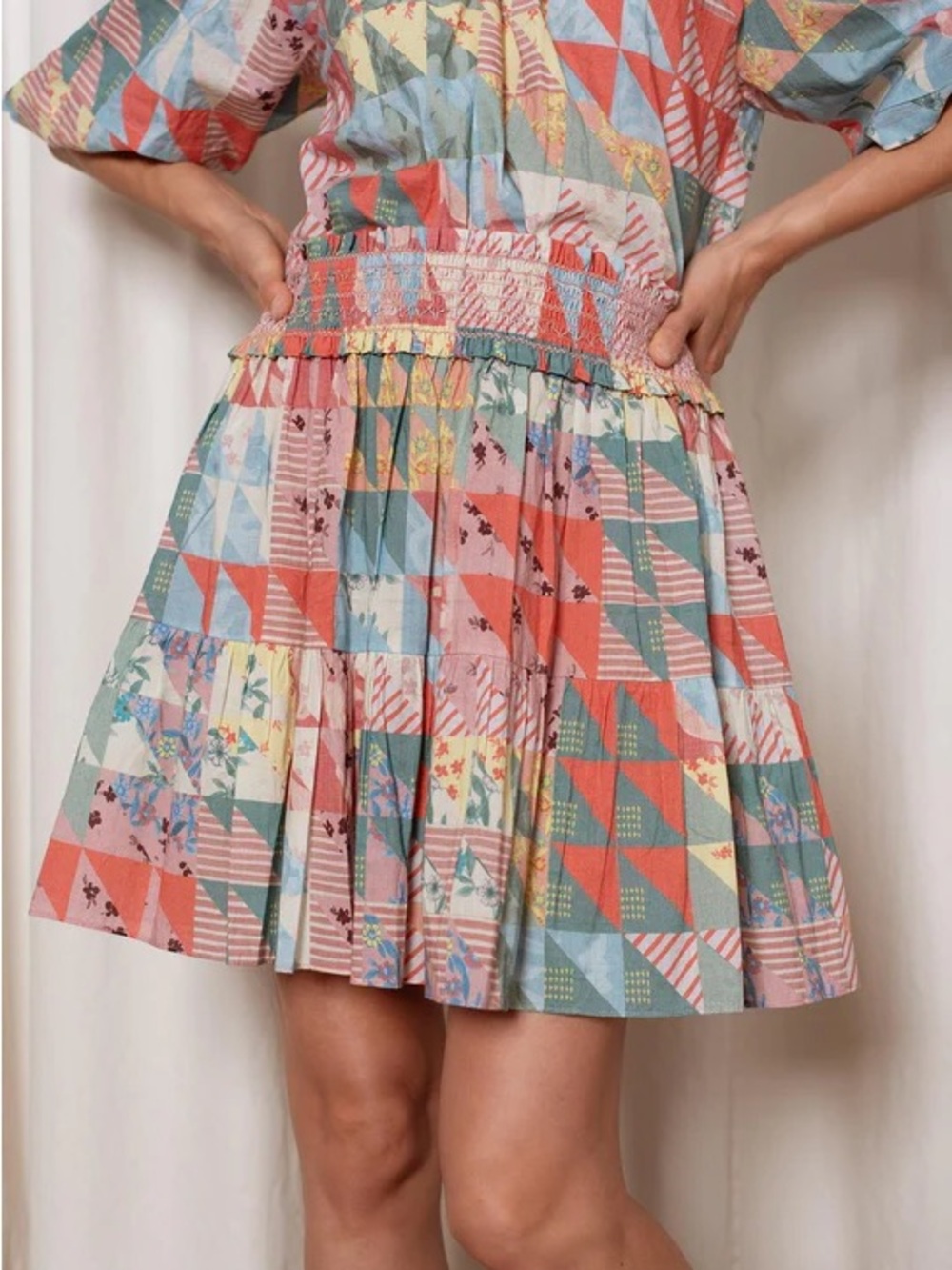 Patchwork Printed Mini Skirt with Smocked Waist